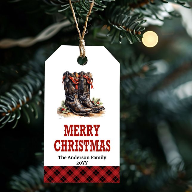 Etiqueta para presente de botas de cowboy rústico  (Rustic cowboy boots gift tag red green editable

)