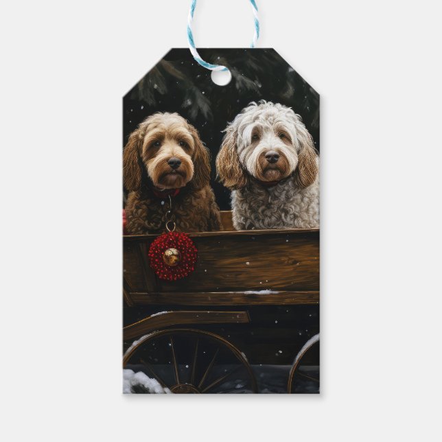 Etiqueta Para Presente Decado de Natal Cockapoo Snowy Sleigh (Frente)