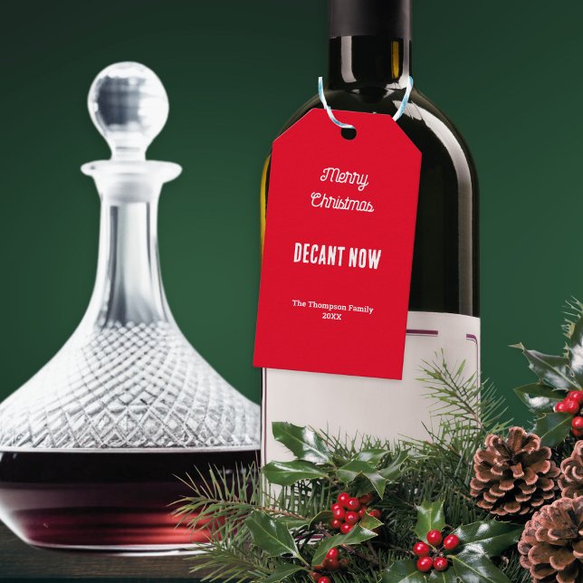 Etiqueta Para Presente Decante Agora Vinho Tinto Personalizado Natal (An elegant personalized label for Christmas with 'Decant Now' and Merry Christmas' words on red)