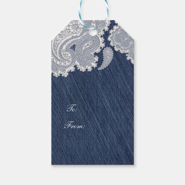 Etiqueta Para Presente Denim Jean & White Lace Elegant Bridal Casamento (Frente)