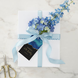 Etiqueta Para Presente Desenho Abstrato de Mármore Azul Dourado Elegante