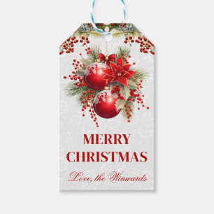 Etiqueta Para Presente Desenho de Natal com Ornamentação Vermelha de Poin