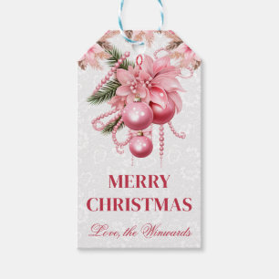 Etiqueta Para Presente Desenho de Natal Floral Rosa com Enfeites