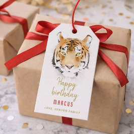 Etiqueta Para Presente Desenho em Aquarela de Cabeça de Tigre Feliz Anive