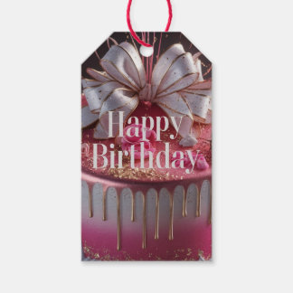 Etiqueta Para Presente Design de Bolo de Aniversário Rosa e Dourado Elega