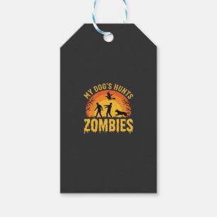 Etiqueta Para Presente Design de Halloween de cachorro caçando zumbis