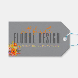 Etiqueta Para Presente Design Floral Sofisticado Flores Cinza Laranja