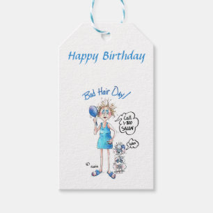 Etiqueta Para Presente Dia do Cabelo Mau, vestido azul, expressão angust