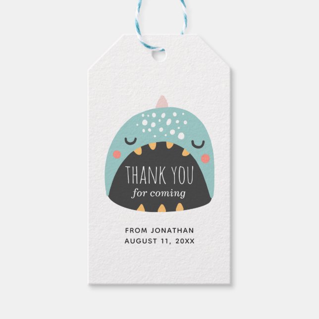 Etiqueta Para Presente Dinossauro azul. Obrigado de aniversário. Festa in (Frente)