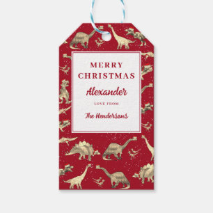 Etiqueta Para Presente Dinossauros Personalizados na Neve Vermelho Natal
