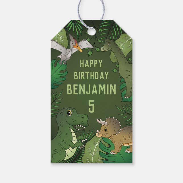 Etiqueta Para Presente Dinossauros Verdes Aniversários de criança Com Nom (Frente)