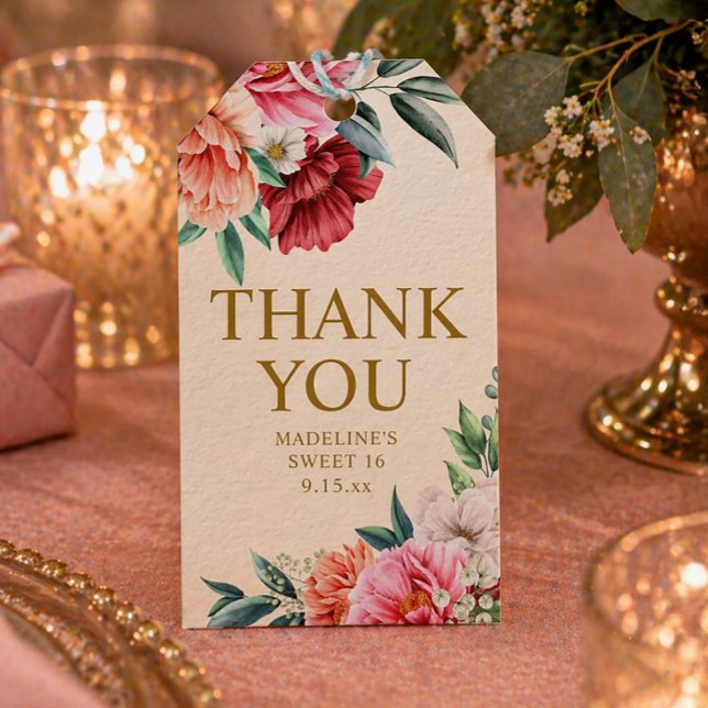 Etiqueta Para Presente Doce 16 Rosas Vermelhas e Rosadas (Pink and red floral "Thank you" gift tag for a Sweet 16)