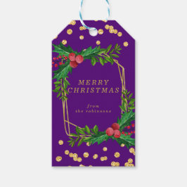 Etiqueta Para Presente Dourada família roxa Feliz Natal Holly Glitter