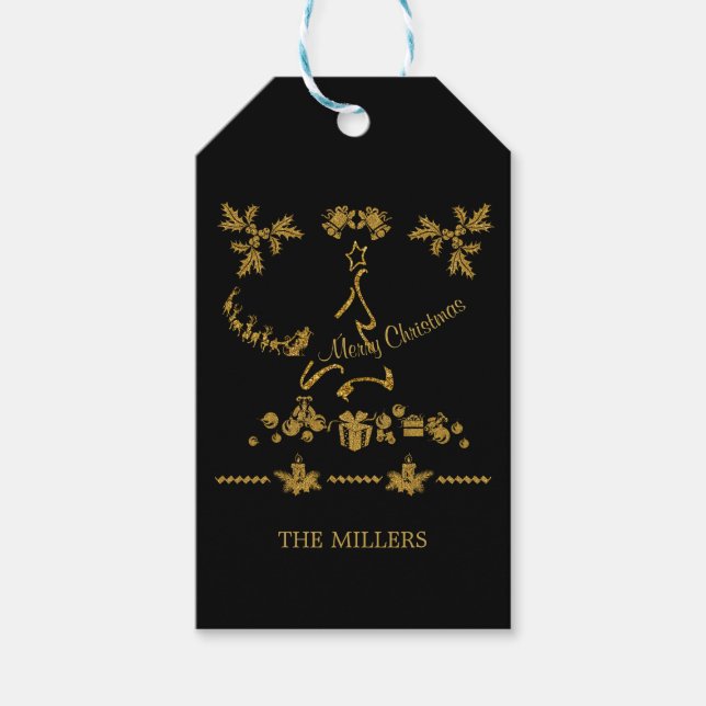 Etiqueta Para Presente Dourada Glitter Feliz Natal, Papai Noel (Frente)