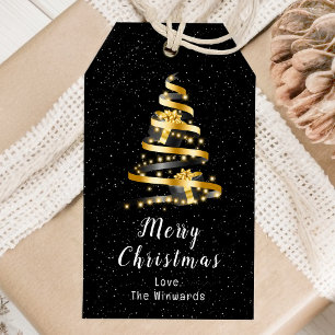 Etiqueta Para Presente Dourado e Black Ribbon Gift Feliz Natal