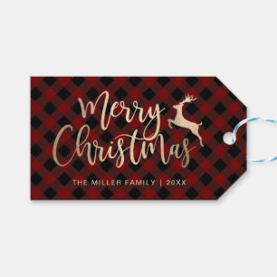 Etiqueta Para Presente Dourado e elegante Xadrez de Natal Preto e Vermelh