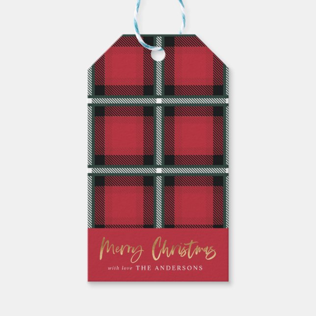 Etiqueta Para Presente Dourado roteiro alegre de natal tartan vermelho (Frente)