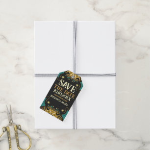 Etiqueta Para Presente Dourado Verde Água Negro Funky Tribal Salvar a Dat