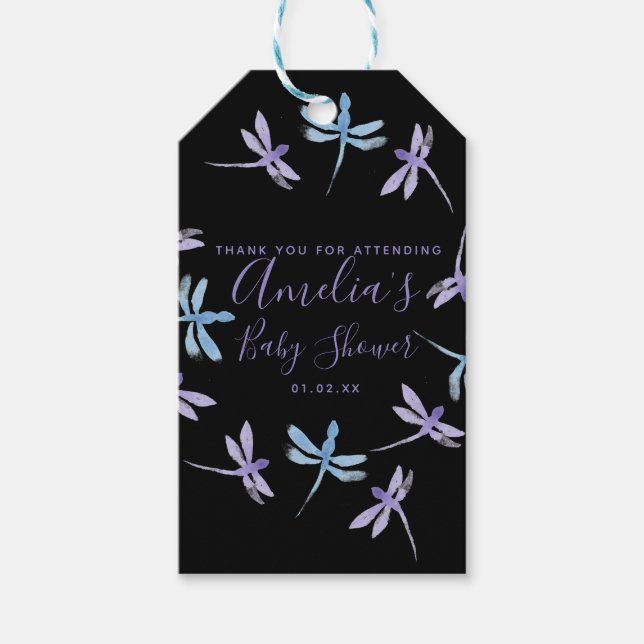 Etiqueta Para Presente Dragonflies Chá de fraldas pintado à mão (Frente)