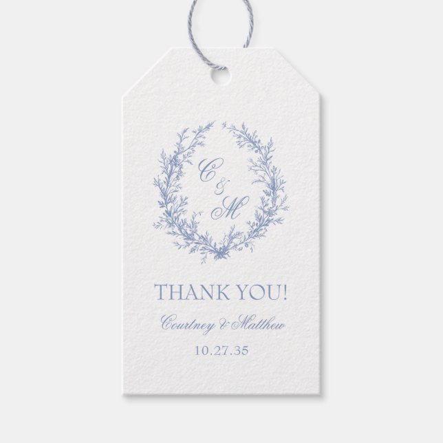 Etiqueta Para Presente Dusty Blue Botanical Wreath Casamento Obrigado (Frente)