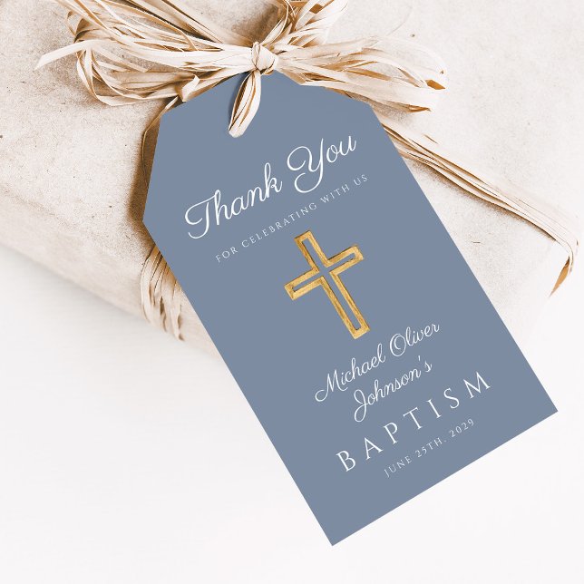 Etiqueta Para Presente Dusty Blue Religião Baptismo (Dusty Blue Religious Cross Boy Baptism Gift Tags)
