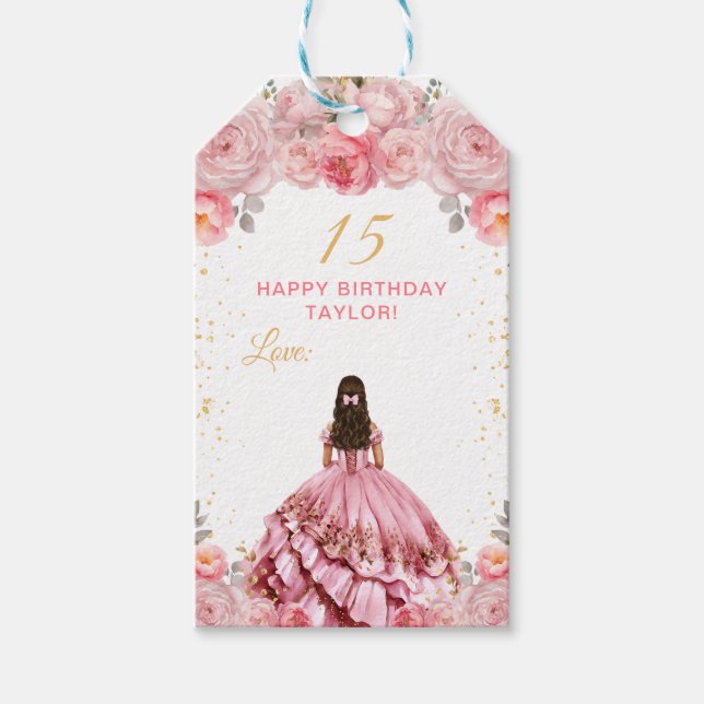 Etiqueta Para Presente Dusty Pink Princess Quinceañera Happy Birday (Frente)