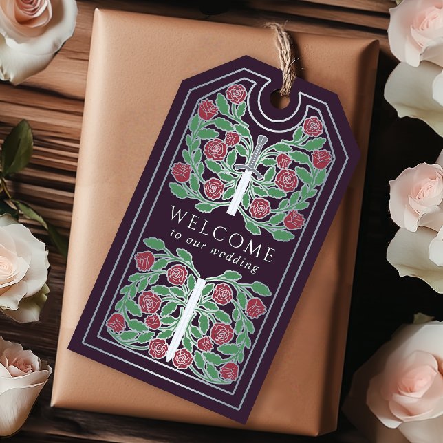Etiqueta Para Presente Eggplant Medieval Silver Sword Wedding Welcome (Criador carregado)