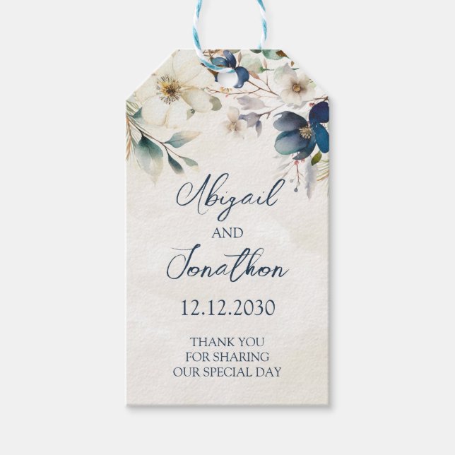 Etiqueta Para Presente Elegant Blue Floral Winter Wedding (Frente)