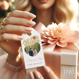 Etiqueta Para Presente Elegant Blush Dahlias Golden Script Wedding Photo