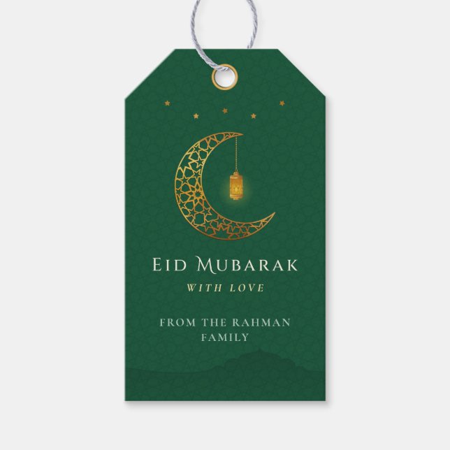Etiqueta Para Presente Elegant Emerald Green & Gold Crescent Eid Mubarak (Frente)