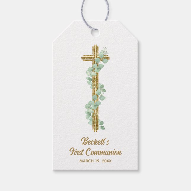 Etiqueta Para Presente Elegant Eucalyptus and Cross First Communion (Frente)