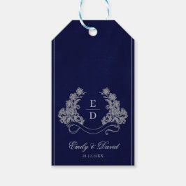 Etiqueta Para Presente Elegant Floral Crest Navy Monogram Wedding