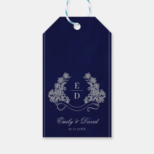 Etiqueta Para Presente Elegant Floral Crest Navy Monogram Wedding (Frente)