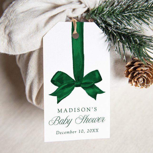 Etiqueta Para Presente Elegant Green Bow Christmas Baby Shower (Criador carregado)