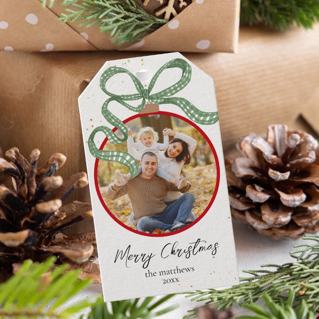 Etiqueta Para Presente Elegant Green Ribbon Photo Christmas (Criador carregado)