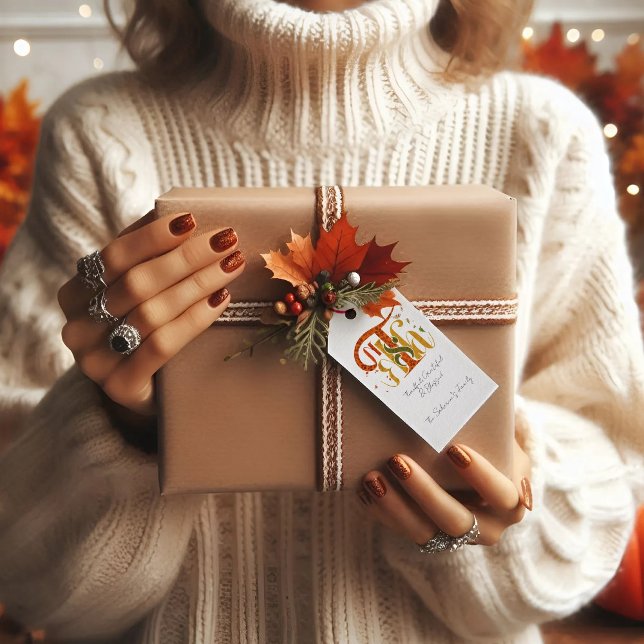 Etiqueta Para Presente Elegant Manuscript Thanks Autumn Fall Foliage (Criador carregado)