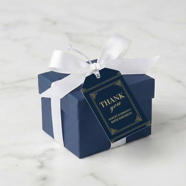 Etiqueta Para Presente Elegant Navy Gold 80th Birthday Thank You (Criador carregado)