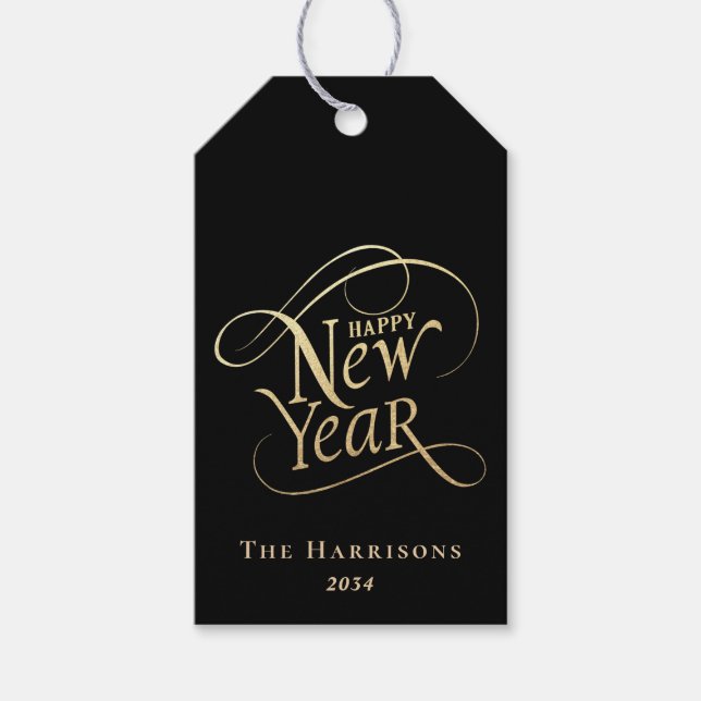 Etiqueta Para Presente Elegant New Year Black Gold (Frente)