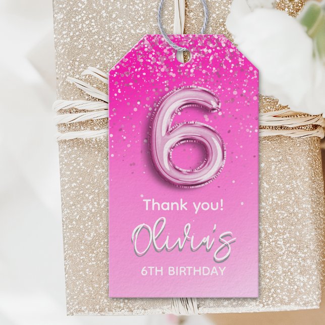Etiqueta Para Presente Elegant Pink Balloon 6th Birthday Girl (Criador carregado)