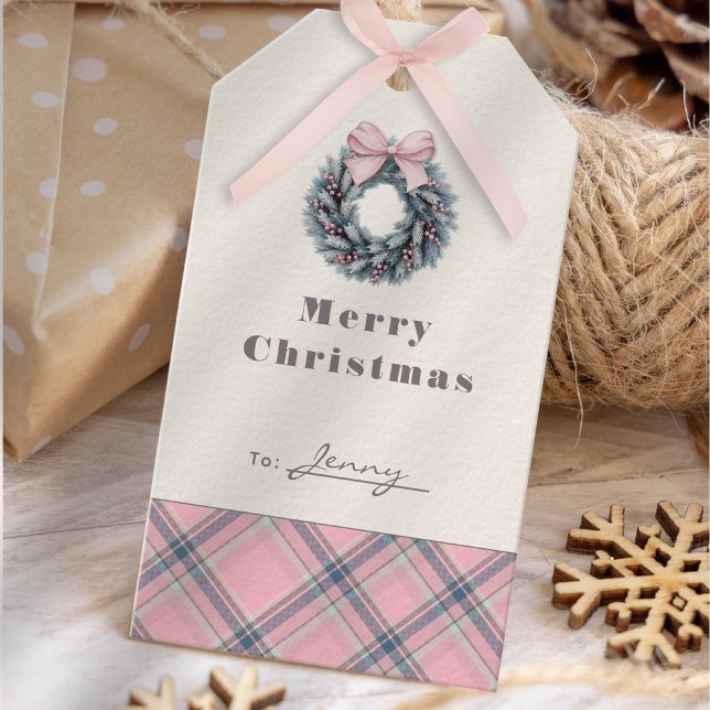 Etiqueta Para Presente Elegant Pink Coquette Xmas Wreath Preppy Plaid (Elegant Pink Coquette Xmas Wreath Preppy Plaid Gift Tags )