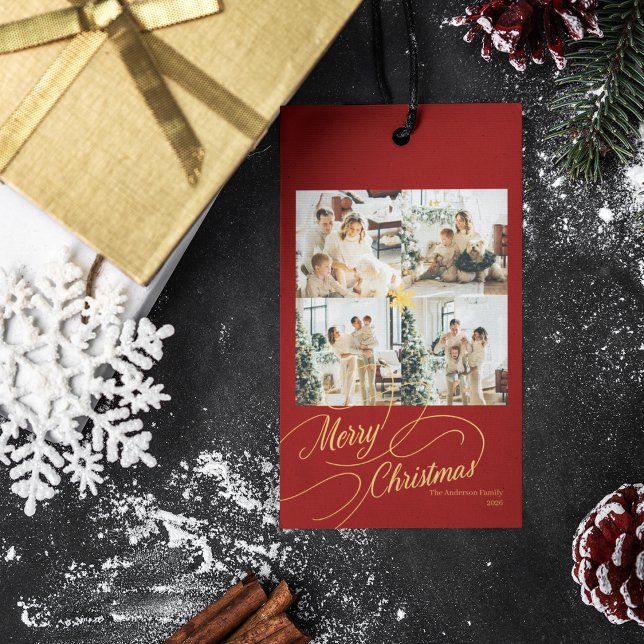 Etiqueta Para Presente Elegant Red & Gold Merry Christmas Family Photo -  (Criador carregado)