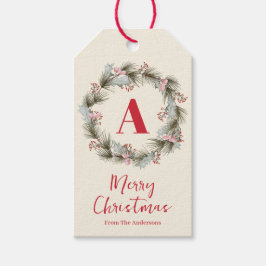 Etiqueta Para Presente Elegant Watercolor Christmas Wreath Monogram