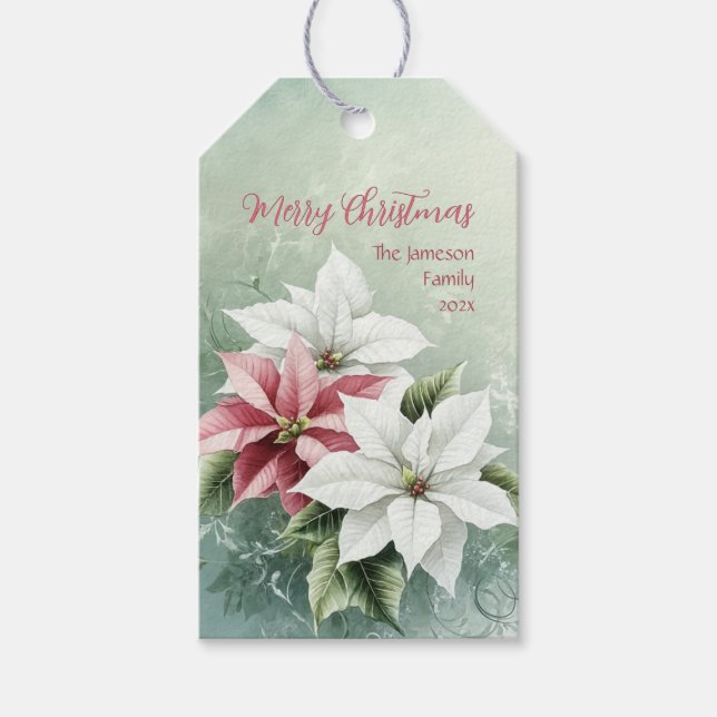 Etiqueta Para Presente Elegant White Pink Christmas Poinsettias  (Frente)