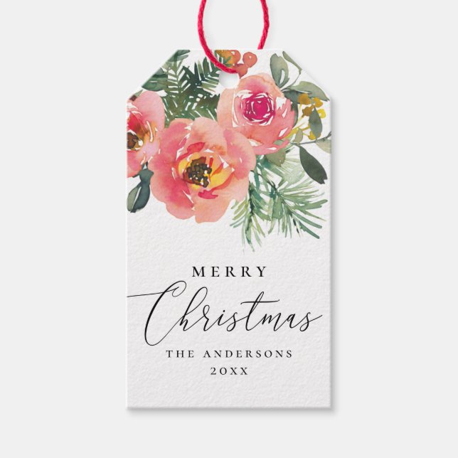 Etiqueta Para Presente Elegante Aquarela Natal Florido Rosa (Frente)