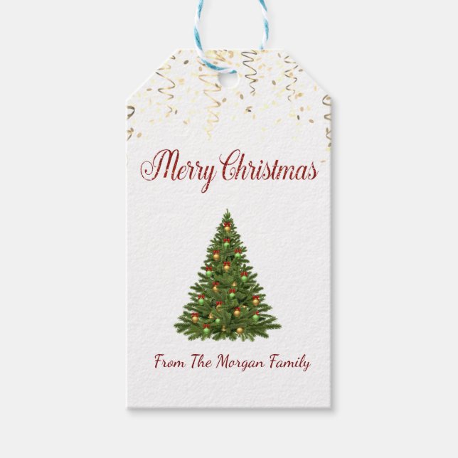 Etiqueta Para Presente Elegante, árvore de Natal, confetes (Frente)