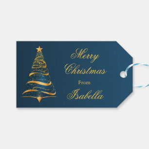 Etiqueta Para Presente Elegante árvore de Natal dourada com saudação de N