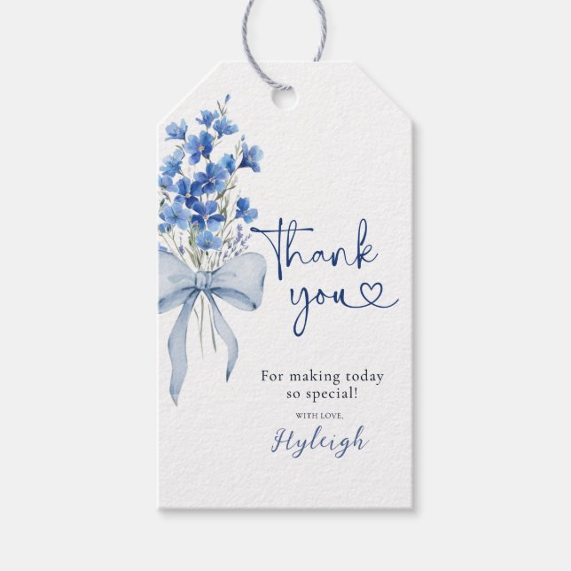 Etiqueta Para Presente Elegante Azul Fita Floral Branca - Obrigado (Frente)