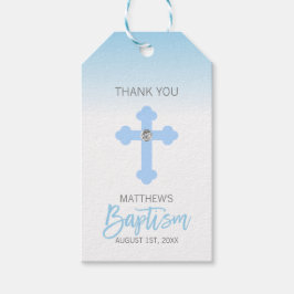 Etiqueta Para Presente Elegante Baby Blue Cross OBRIGADO, Batismo Boy
