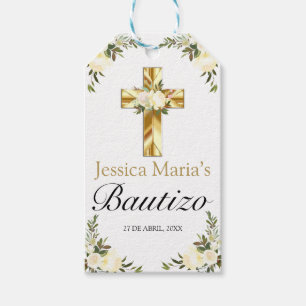 Etiqueta Para Presente Elegante Bautismo de Bebe Floral Blanco