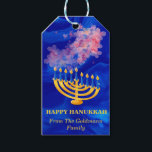 Etiqueta Para Presente Elegante Blue E Dourado Menorah Happy Hanukkah<br><div class="desc">As Etiquetas para presentes do Chanucá Feliz e Azul Elegante e Dourado Menorah Feliz apresentam textura azul de mármore líquido,  flores cor-de-água rosa,  nome de família modelo e velas de Chanucá.Um design perfeito para Chanucá.Clique no botão personalizar para personalizá-lo com seu próprio texto.</div>